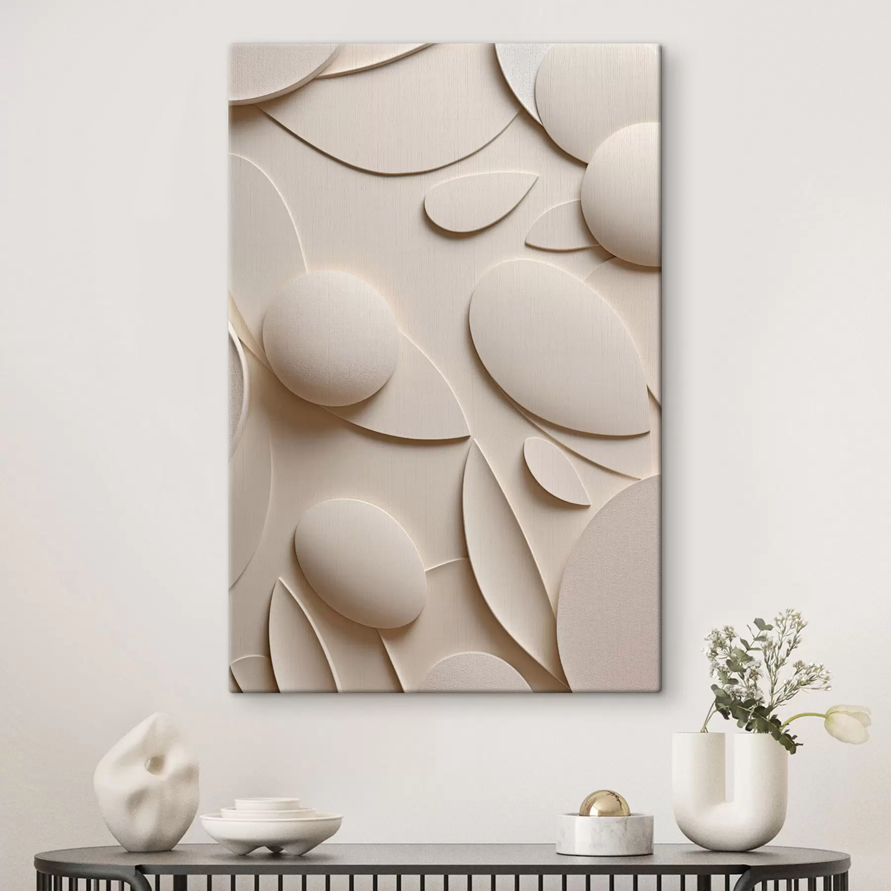  Schilderijen Abstracte compositie met organische vormen en bollen in neutrale tinten s50617