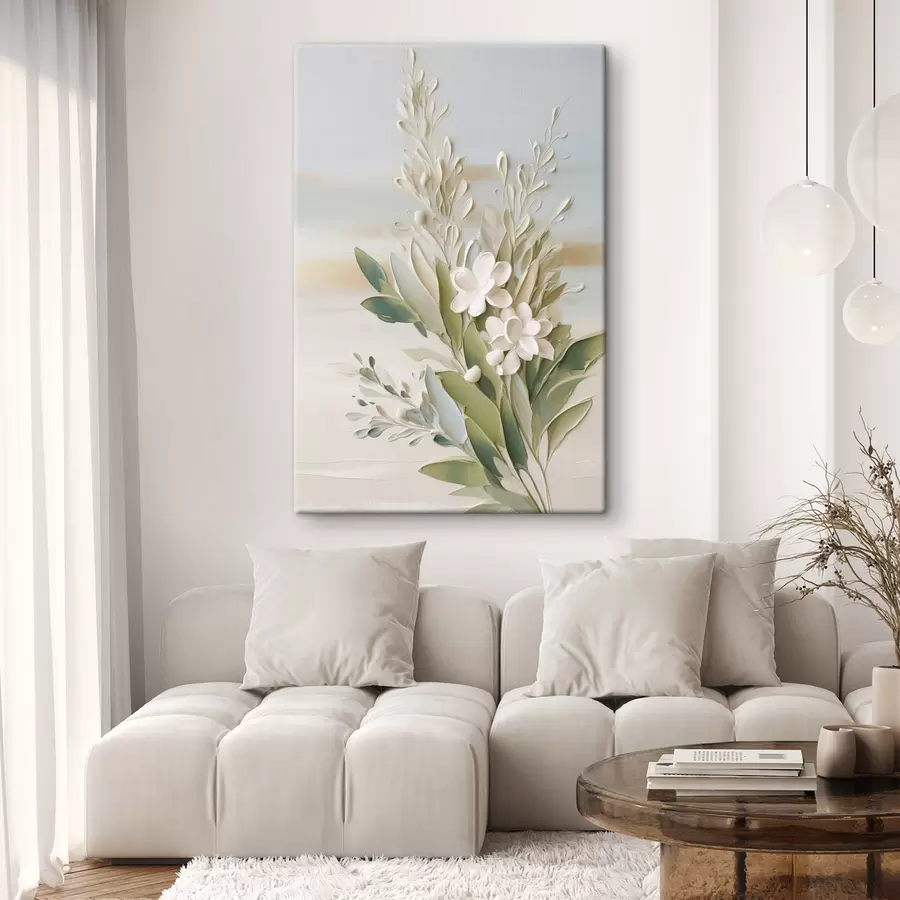  Peintures Des fleurs blanches et des feuilles vertes sur un fond doux et texturé aux couleurs pastel s50618
