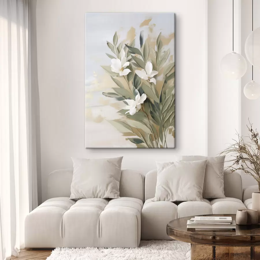  Schilderijen Witte bloemen en groene bladeren tegen een zachte, gestructureerde achtergrond in pastelkleuren s50619