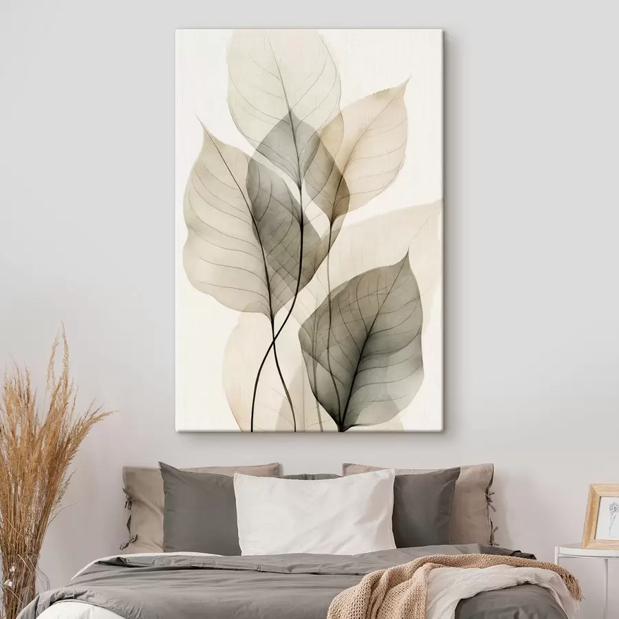  Schilderijen Transparante bladeren met textuur in beige- en grijstinten, lichte achtergrond s50624