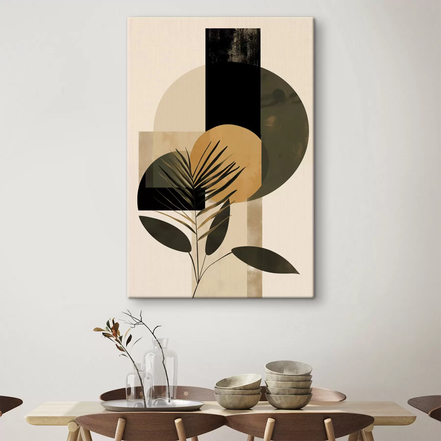  Peintures Composition abstraite composée de formes géométriques et de feuilles tropicales, texturée s50632