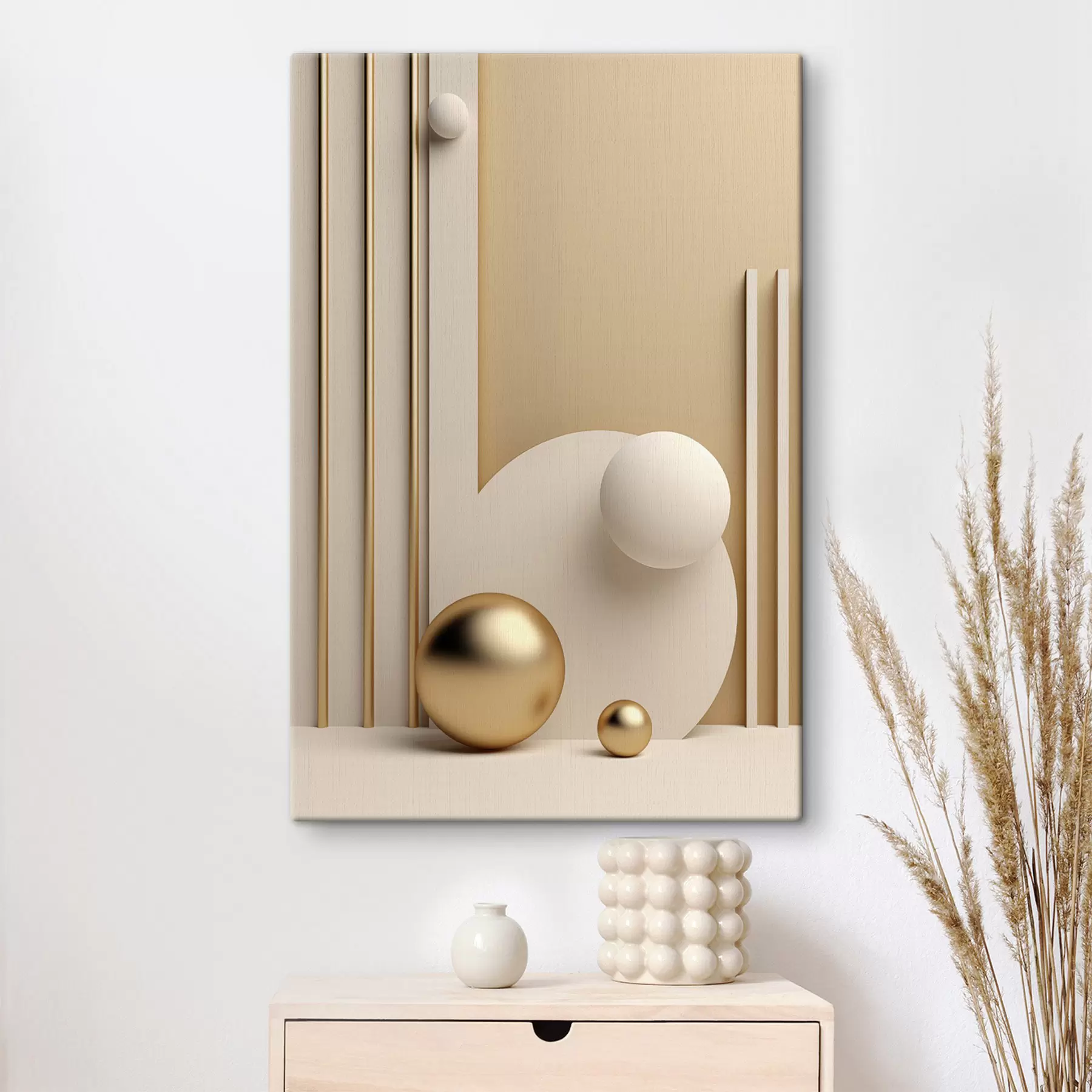  Peintures Œuvre d'art moderne abstraite composée de sphères et de lignes verticales, composition minimaliste s50637