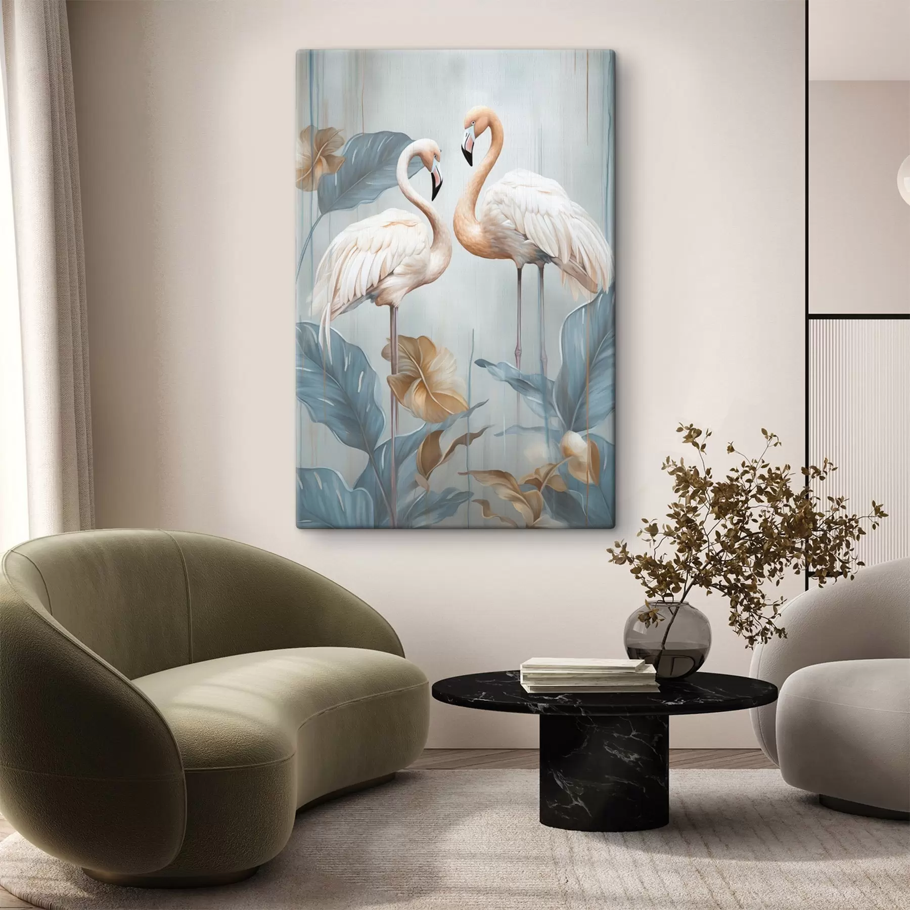  Peintures Des flamants roses avec des feuilles tropicales, aux couleurs pastel s50638