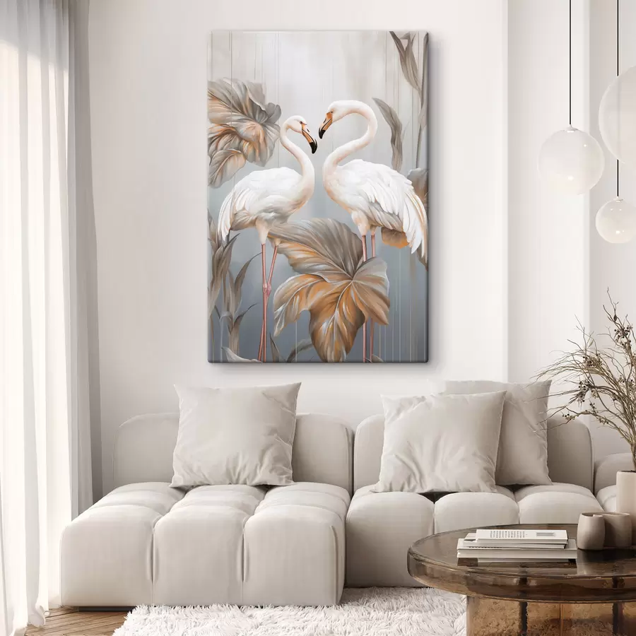  Peintures Des flamants roses avec des feuilles tropicales, aux couleurs pastel s50639