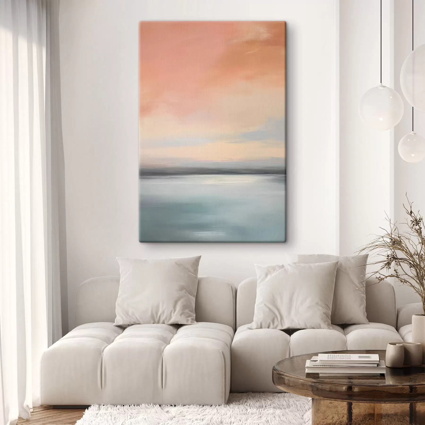  Schilderijen Abstrakt, minimalistisch zeegezicht met een zacht pastelkleurig kleurenpalet s50641