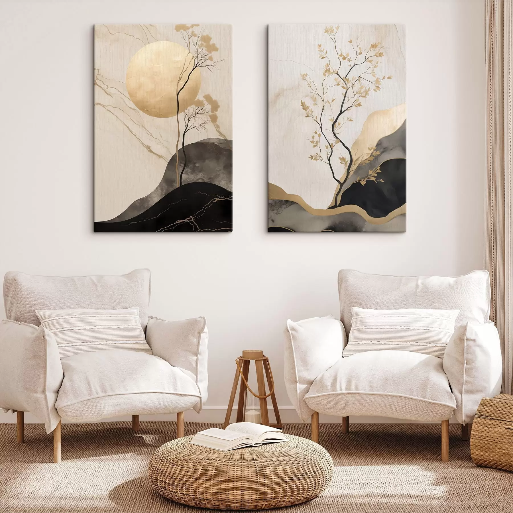  Peintures Une œuvre d'art abstrait minimaliste, représentant un arbre et des textures fluides dans des tons beiges et noirs m30955