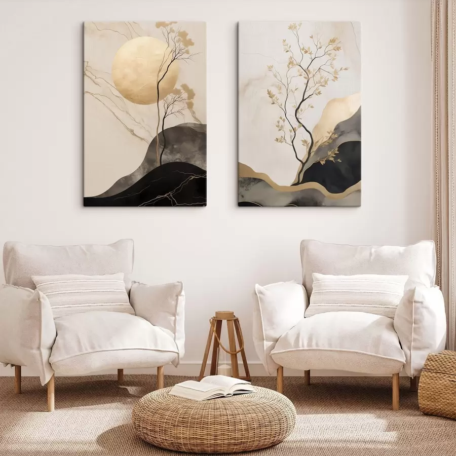  Peintures Une œuvre d'art abstrait minimaliste, représentant un arbre et des textures fluides dans des tons beiges et noirs m30955