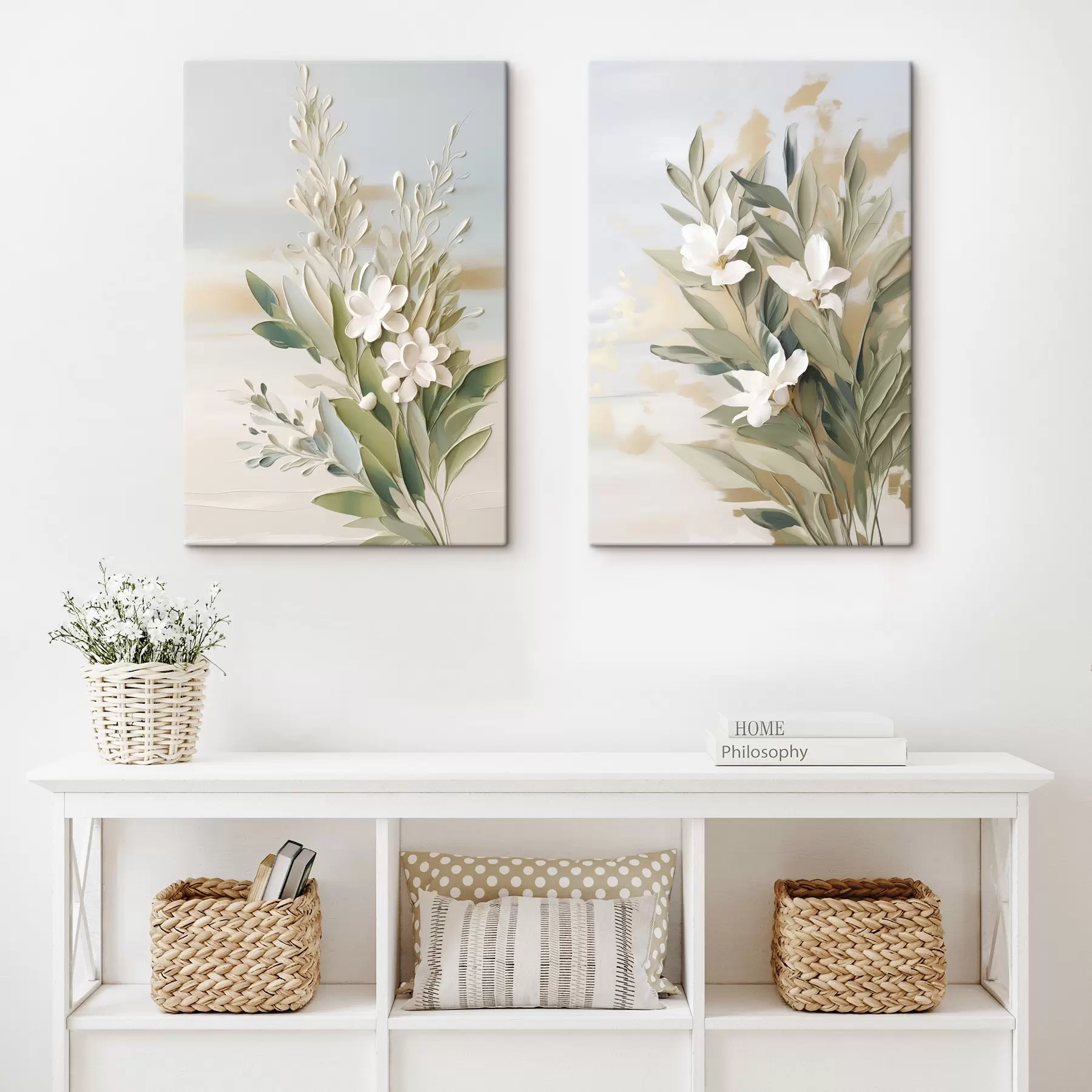 Peintures Des fleurs blanches et des feuilles vertes sur un fond doux et texturé aux couleurs pastel m30958