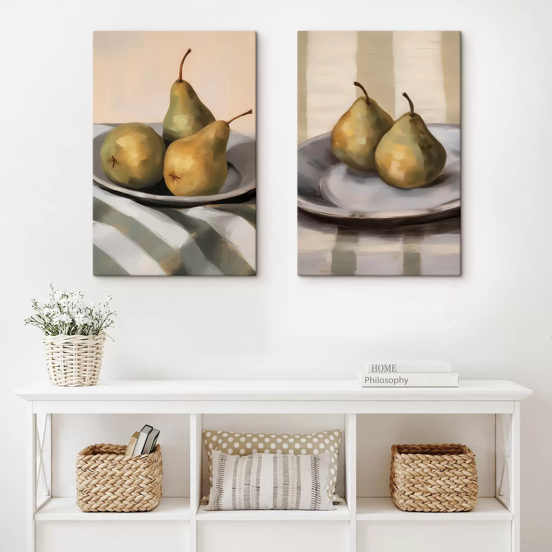  Peintures Nature morte aux poires sur un linge rayé m30959