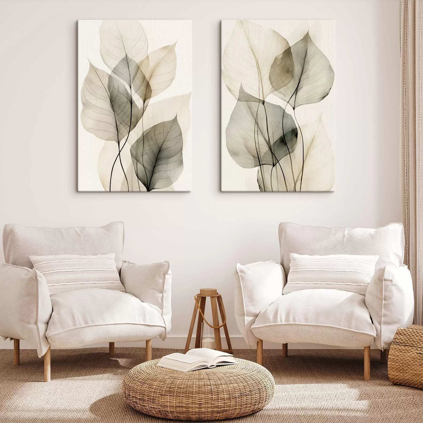  Peintures Feuilles transparentes texturées dans des tons de beige et de gris, sur fond clair m30961