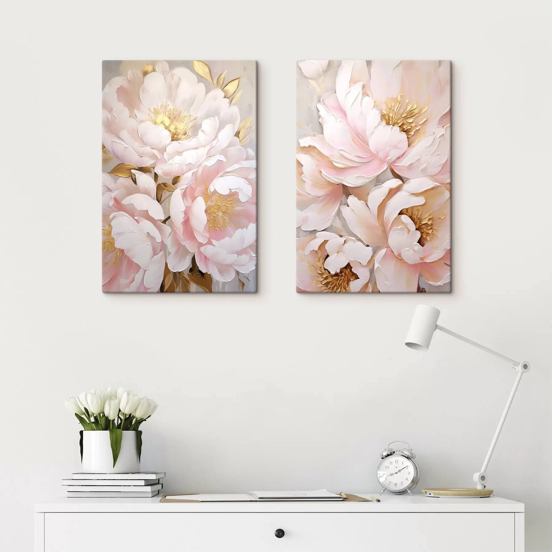  Peintures Pivoines rose pâle, style « coups de pinceau » texturés, fond abstrait m30963