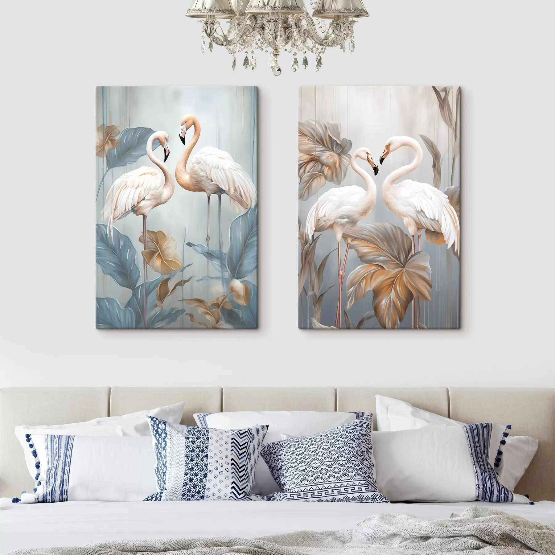  Peintures Des flamants roses avec des feuilles tropicales, aux couleurs pastel m30968