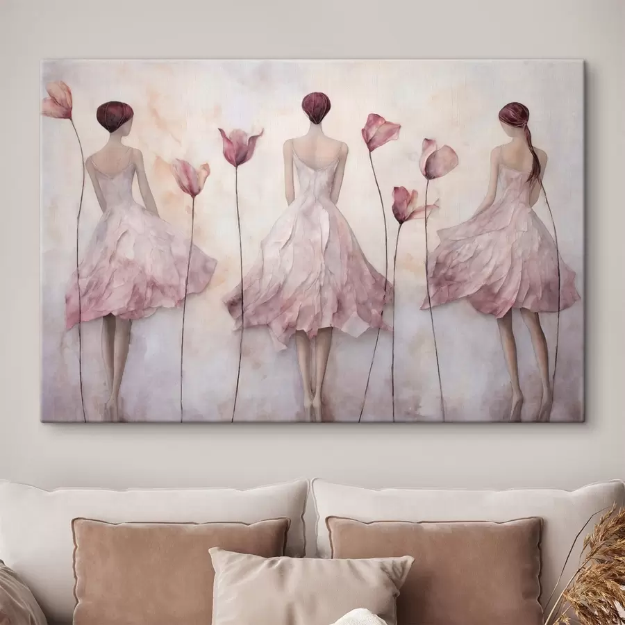  Peintures Trois silhouettes féminines en robes roses au milieu des fleurs s50582