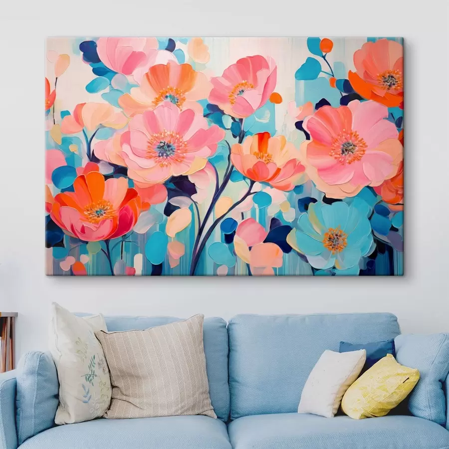  Peintures De grandes fleurs aux couleurs vives, dans des tons de rose et de bleu s50590
