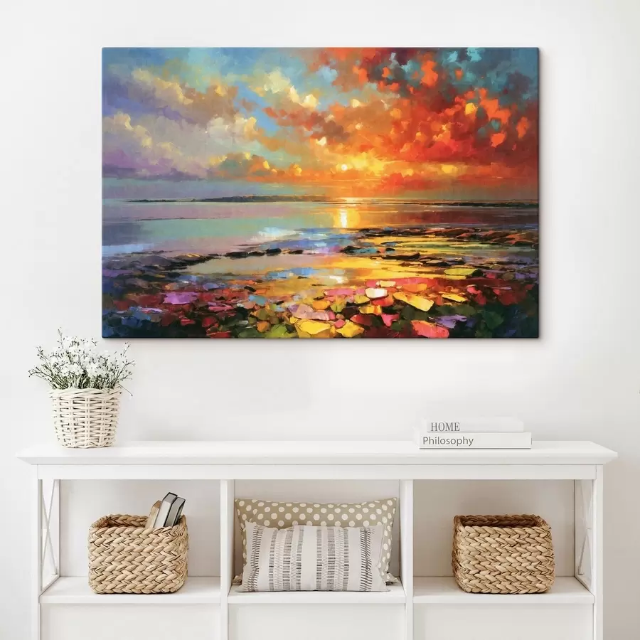  Peintures Un coucher de soleil éclatant sur l'eau et un rivage rocheux s50591