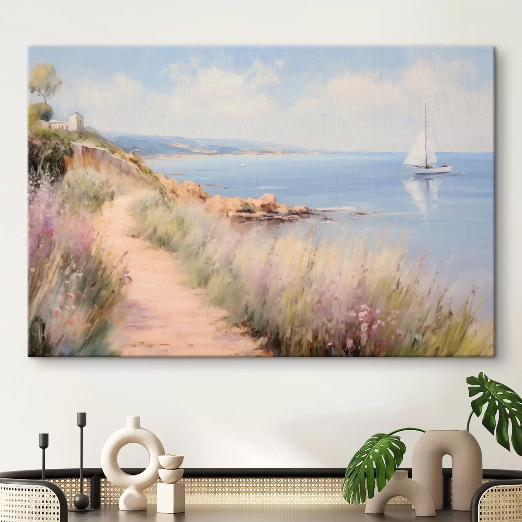  Peintures Sentier côtier bordé de fleurs et d'un voilier s50592