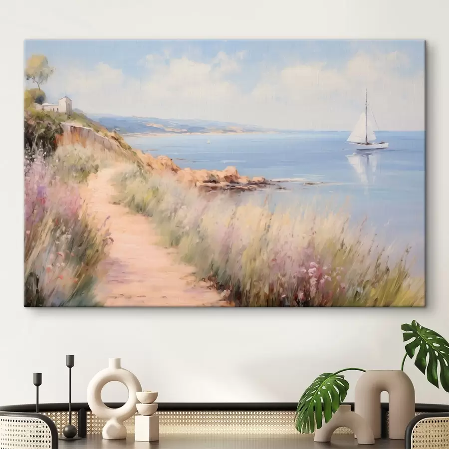 Peintures Sentier côtier bordé de fleurs et d'un voilier s50592
