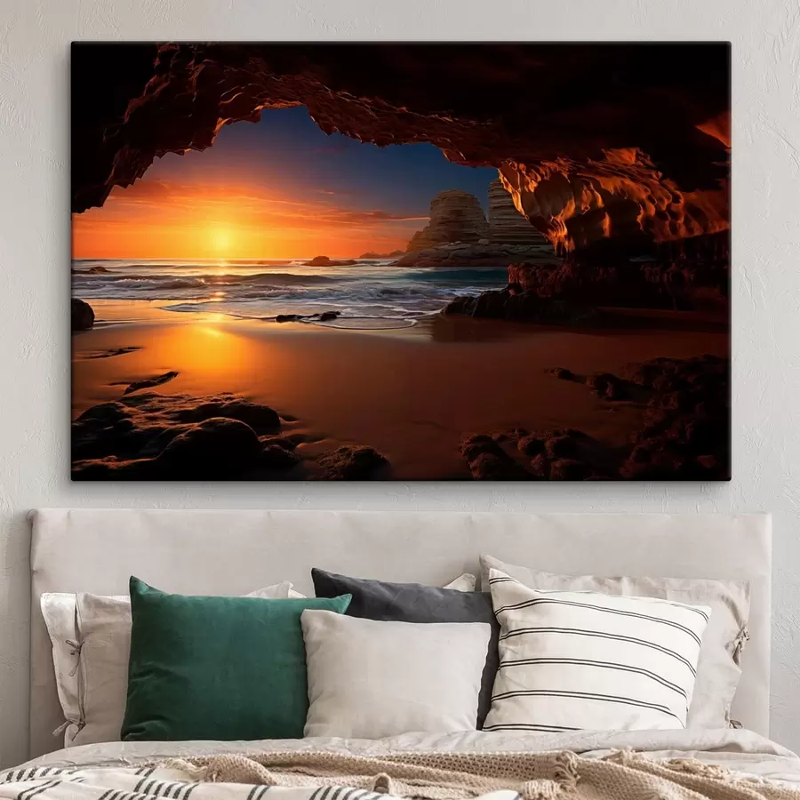  Peintures Coucher de soleil en bord de mer, encadré par une grotte rocheuse s50594