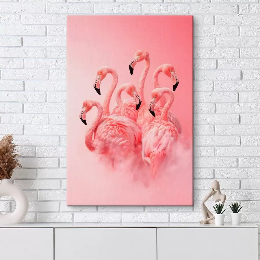  Peintures Des flamants roses dans une légère brume : une scène décorative aux tons délicats s50010