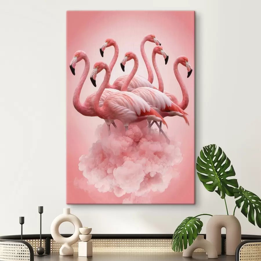  Peintures Une composition représentant des flamants roses gracieux au-dessus d'un nuage rose, dans une palette de couleurs pastel s50011