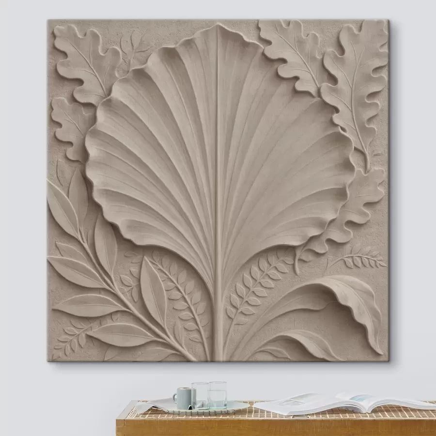  Peintures Un motif botanique composé de feuilles décoratives dans une palette de tons beiges et sable s50012