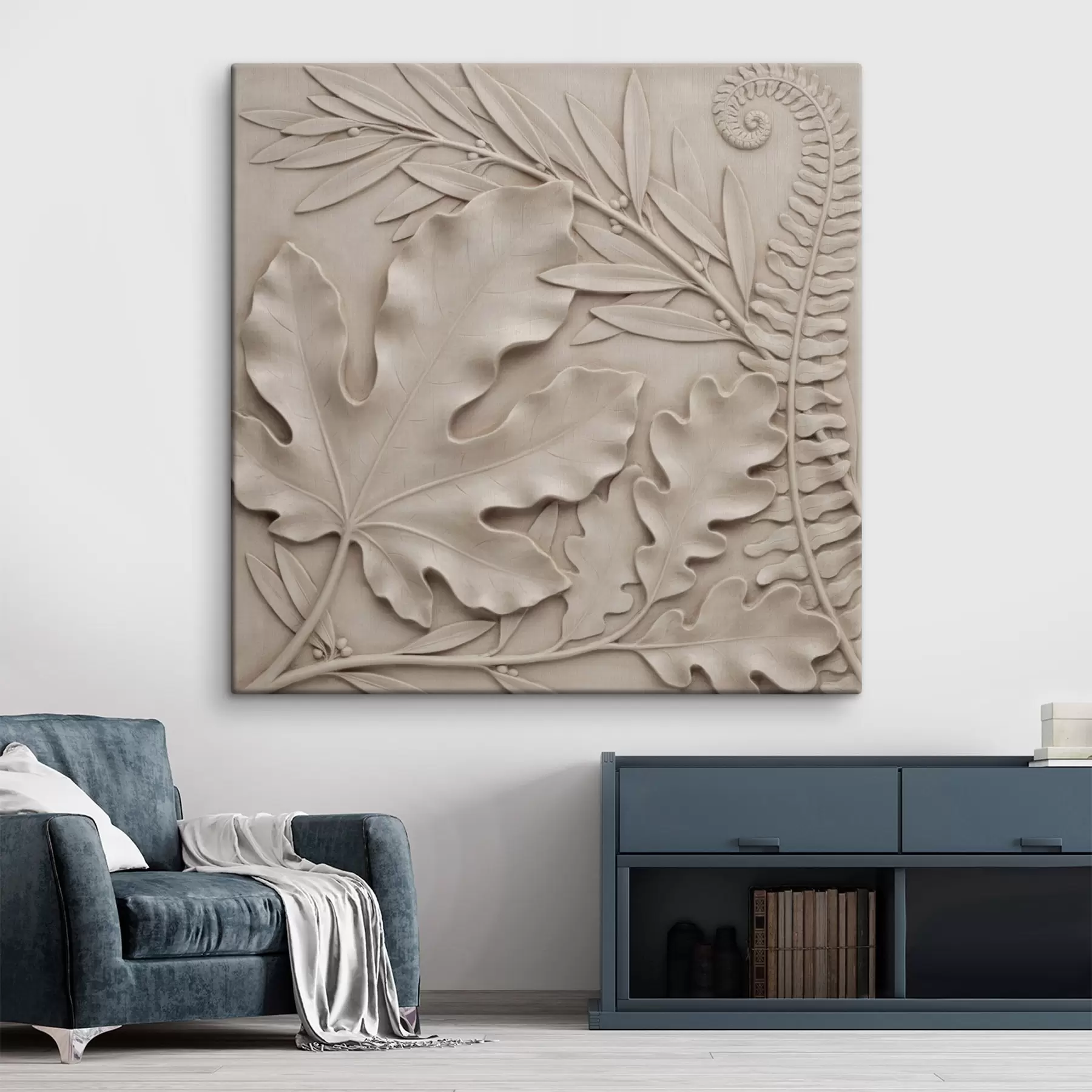  Schilderijen Een ruimtelijke botanische compositie met bladeren en takken met reliëf, uitgevoerd in bas-reliëfstijl s50013