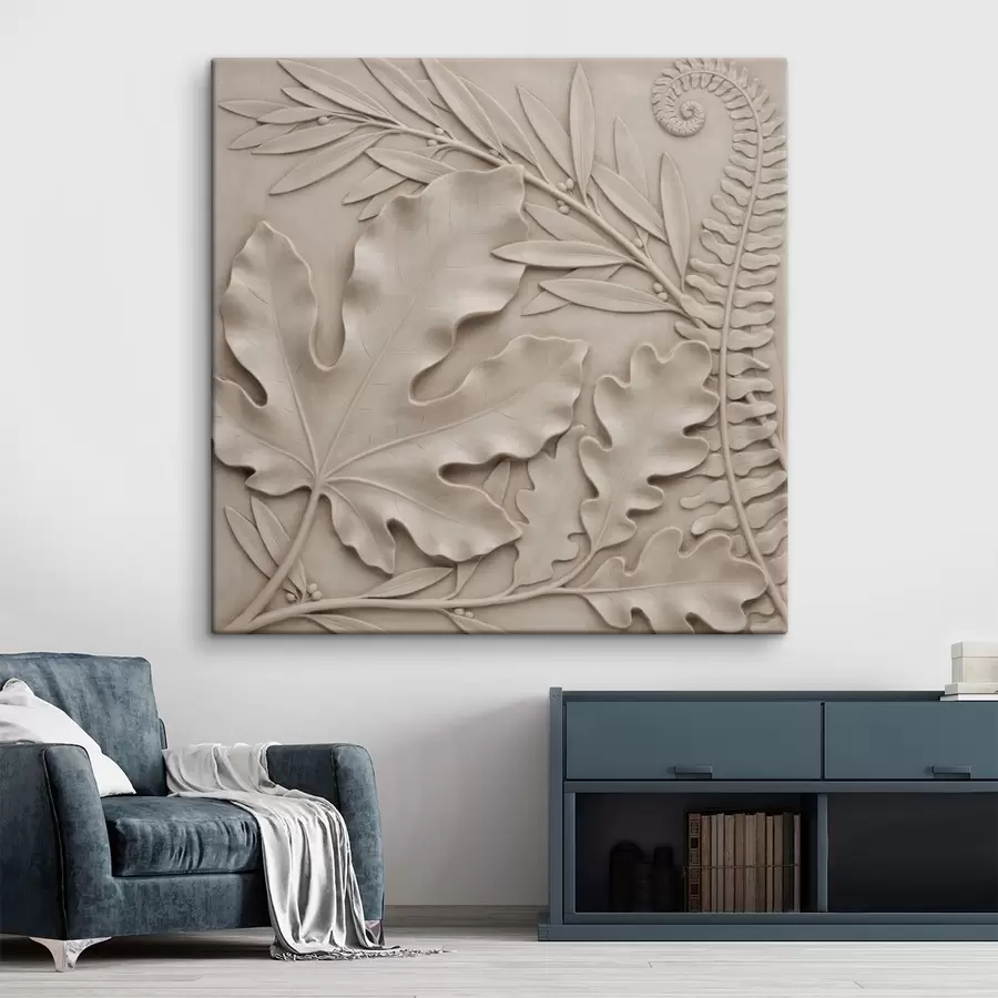  Peintures Une composition botanique en relief, composée de feuilles et de branches texturées, dans un style de bas-relief s50013