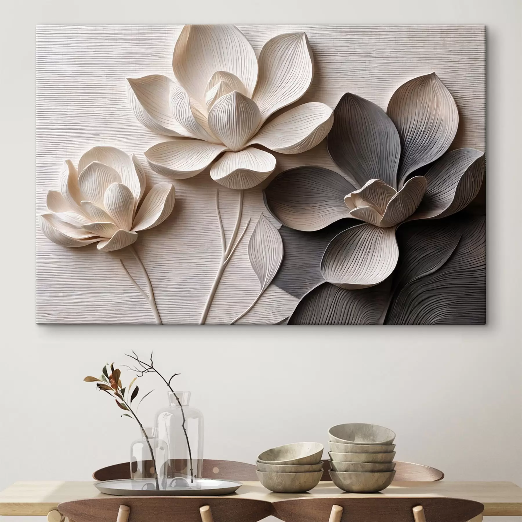  Peintures Fleurs décoratives en relief dans des tons crème clair et graphite s50014