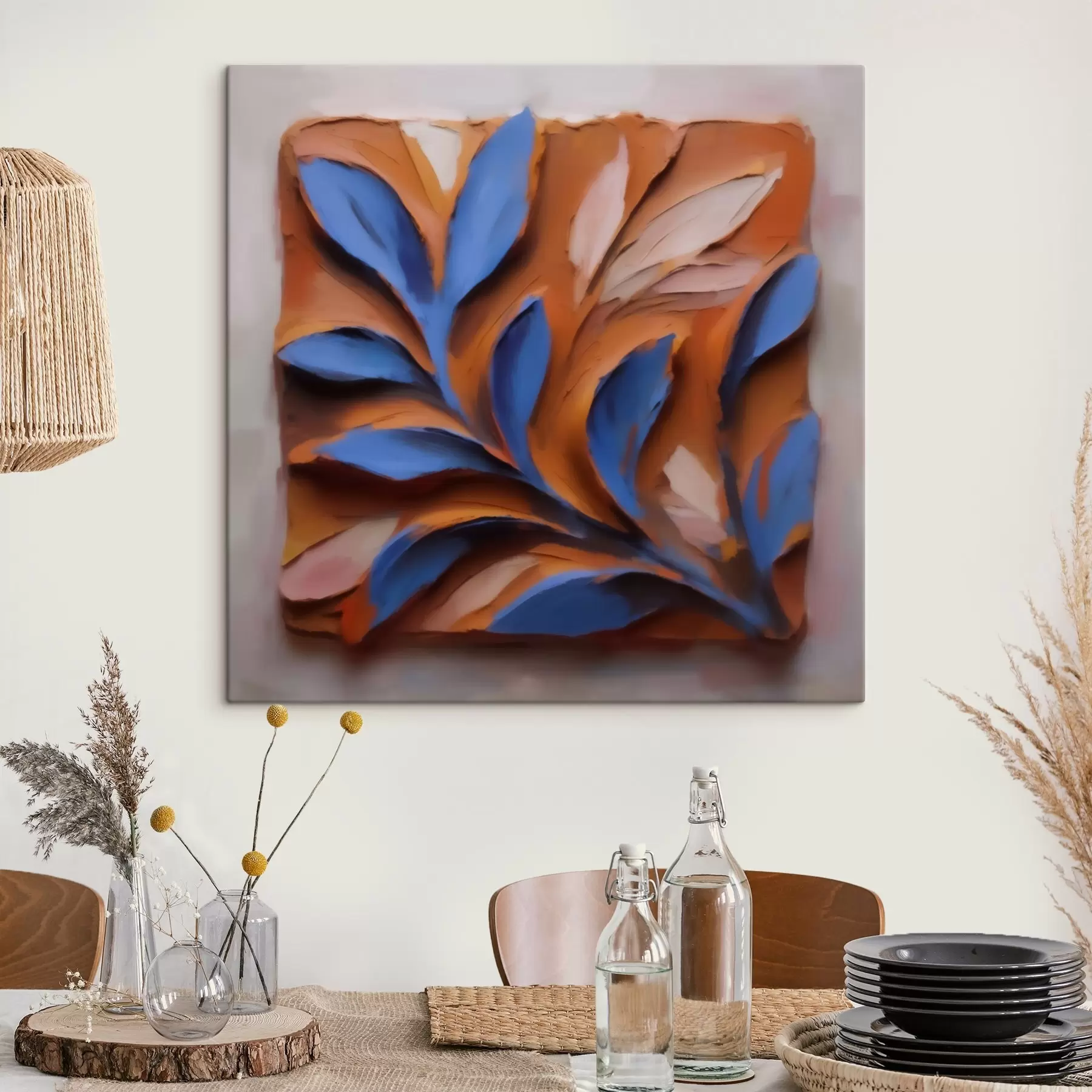 Peintures Composition botanique en relief, avec des feuilles bleues sur fond de terre cuite, réalisée selon la technique de l'impasto s50018