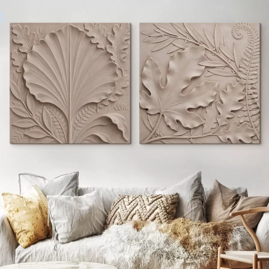  Peintures Un diptyque botanique en relief, orné de feuilles texturées, dans une palette de tons beiges et sable m30762