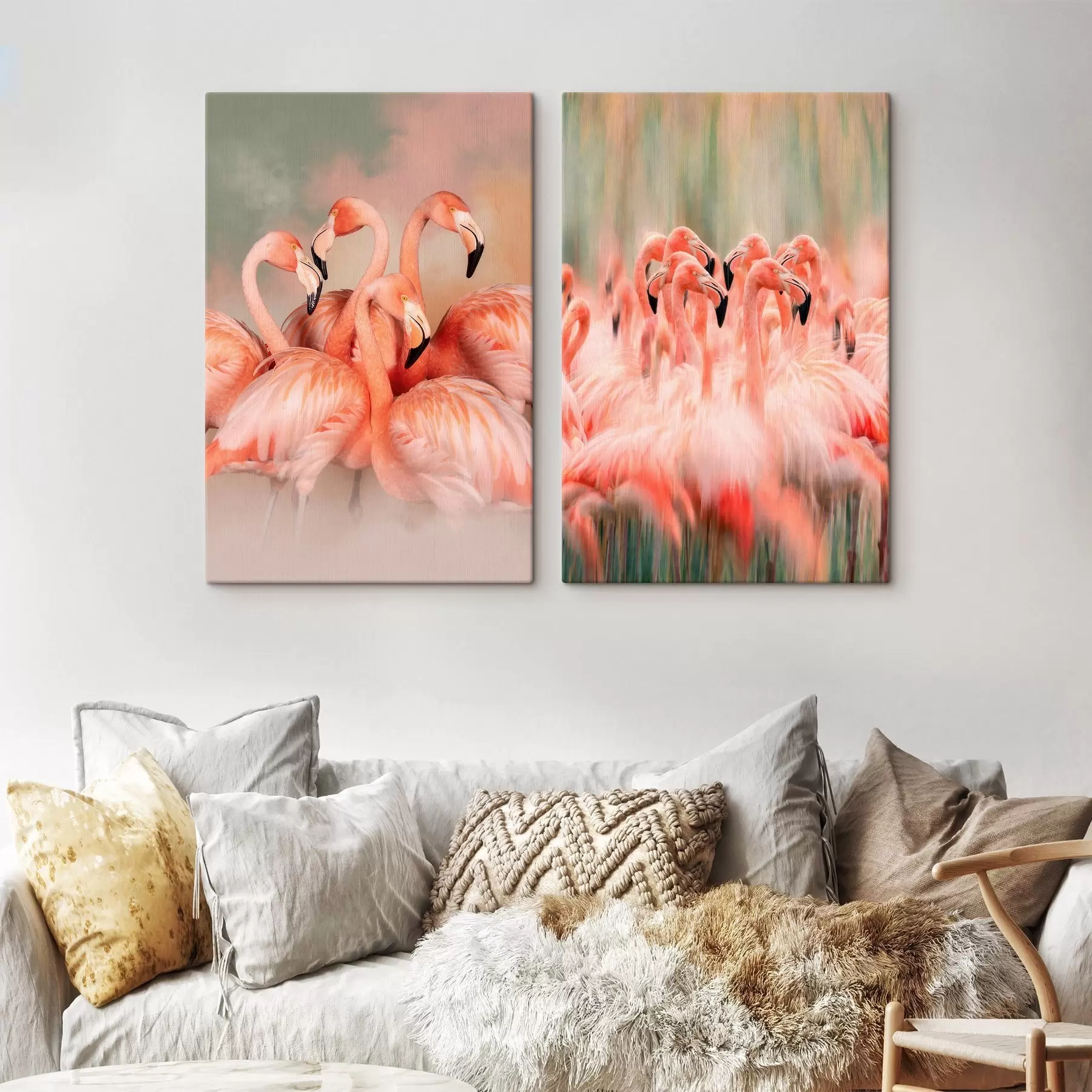  Peintures Un diptyque artistique représentant des flamants roses dans des tons pastel, avec un effet flou et brumeux m30763