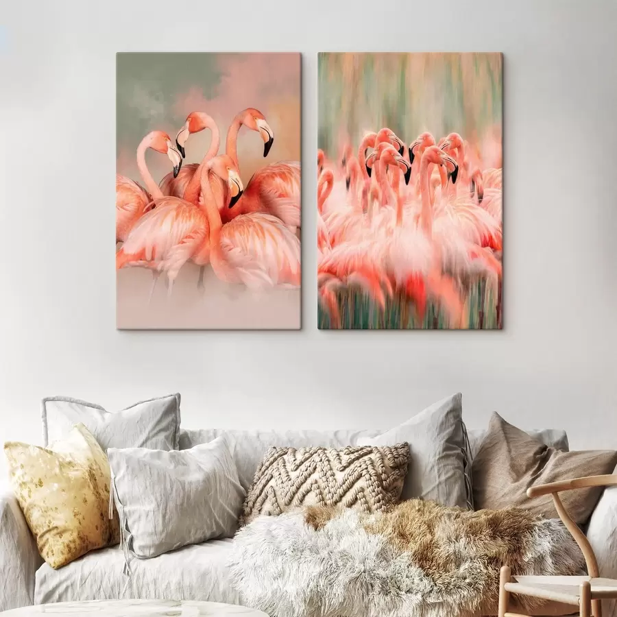  Peintures Un diptyque artistique représentant des flamants roses dans des tons pastel, avec un effet flou et brumeux m30763