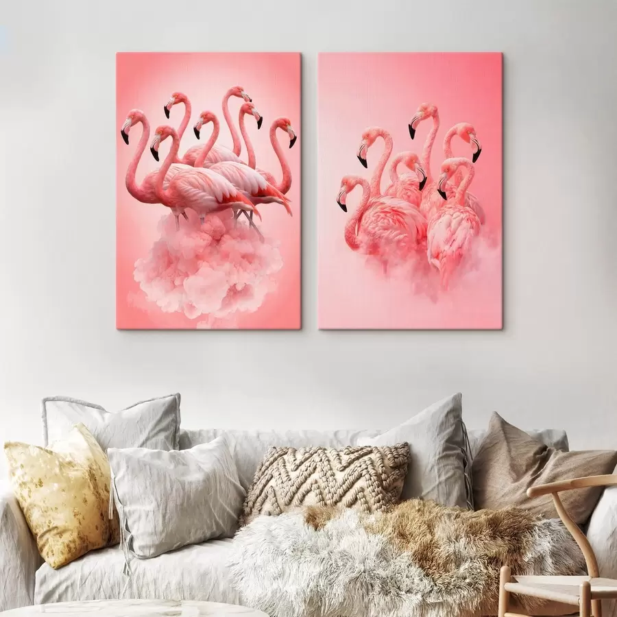  Peintures Une composition en deux parties représentant des flamants roses coralliens, dans un style d'illustration d'art contemporain m30764