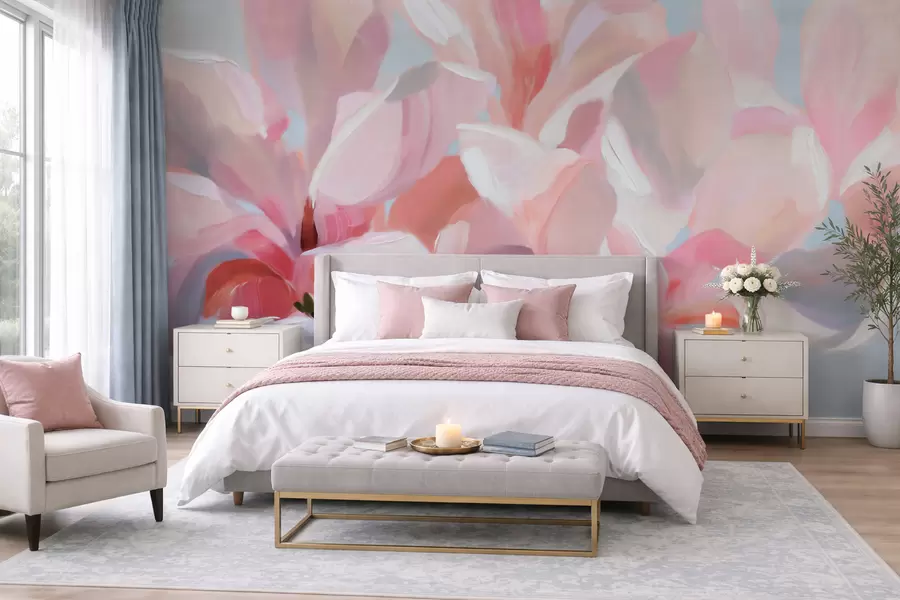 Fotobehang Close-up van een roze magnolia, in de stijl van een zachte, schilderachtige techniek w10043