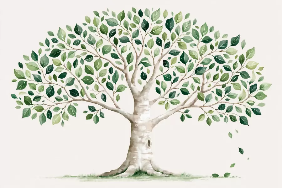 Papier peint photo Arbre au feuillage vert, style aquarelle, minimaliste w10046