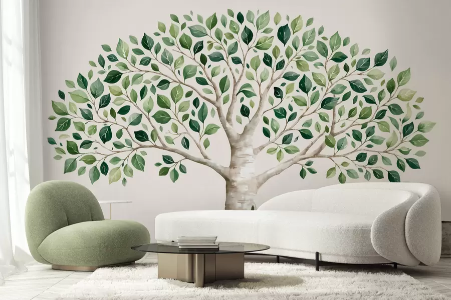 Fotobehang Boom met groen gebladerte, in aquarelstijl, minimalistisch w10046
