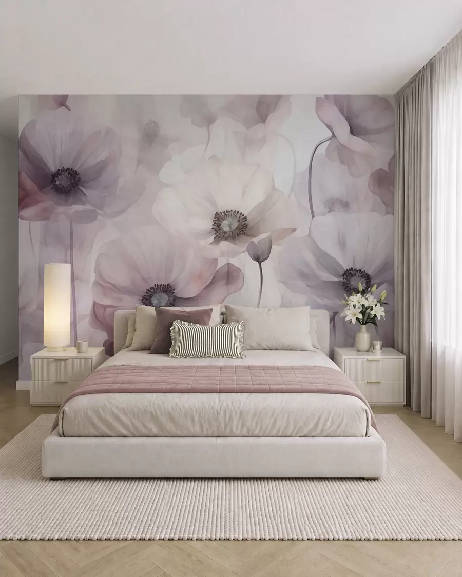 Fotobehang Lichtroze en witte klaprozen met delicate bloemblaadjes w10029v1