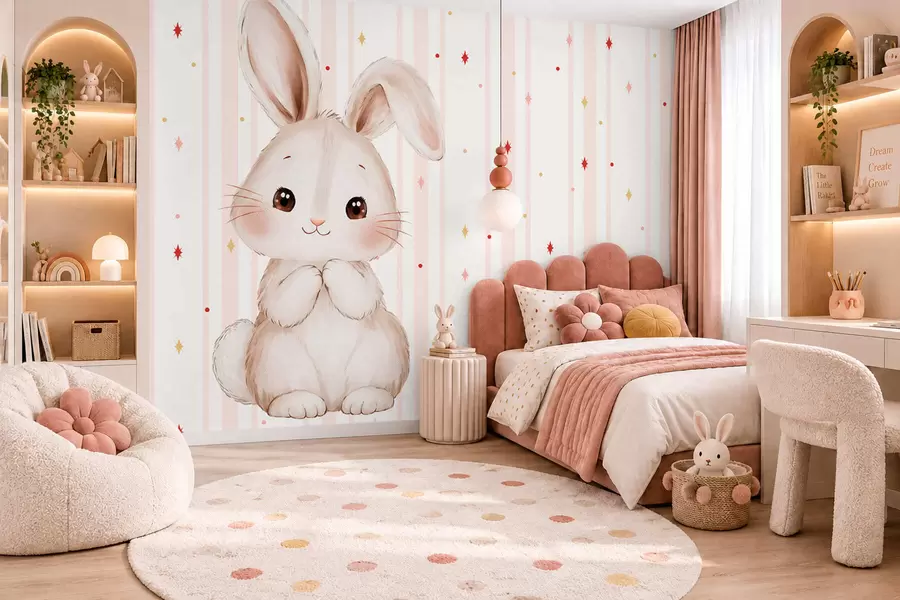 Fotobehang Schattig konijntje tegen een achtergrond van roze strepen en kleurrijke sterren w05920