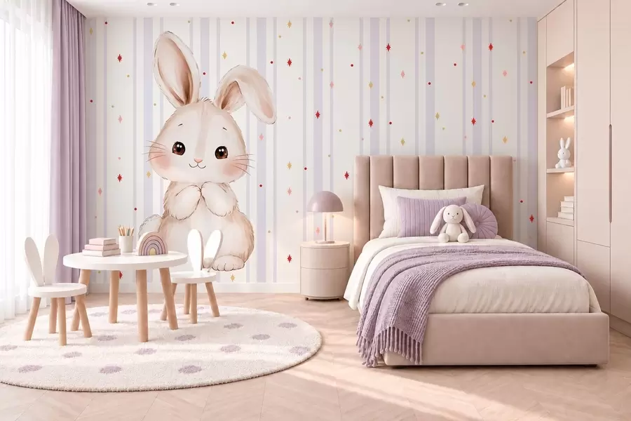 Fotobehang Schattig konijntje tegen een achtergrond van lila strepen en heldere sterren w05920v1