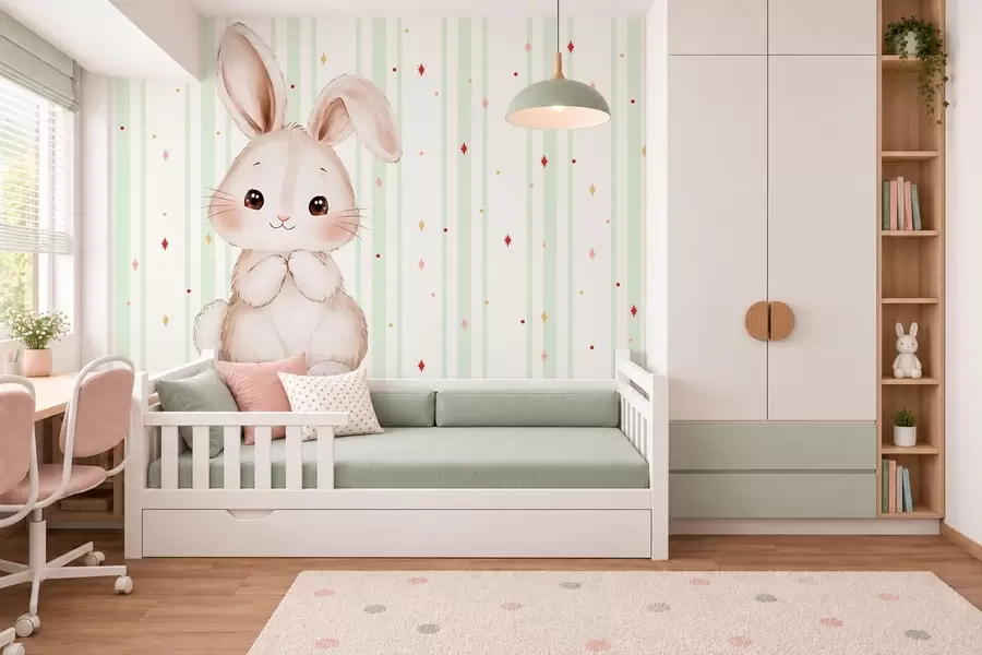 Fotobehang Schattig konijntje tegen een achtergrond van groene strepen en heldere sterren w05920v2