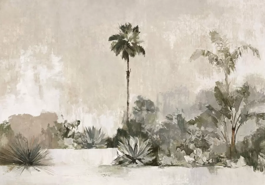 Papier peint photo Des palmiers et une végétation tropicale aux teintes douces w05921