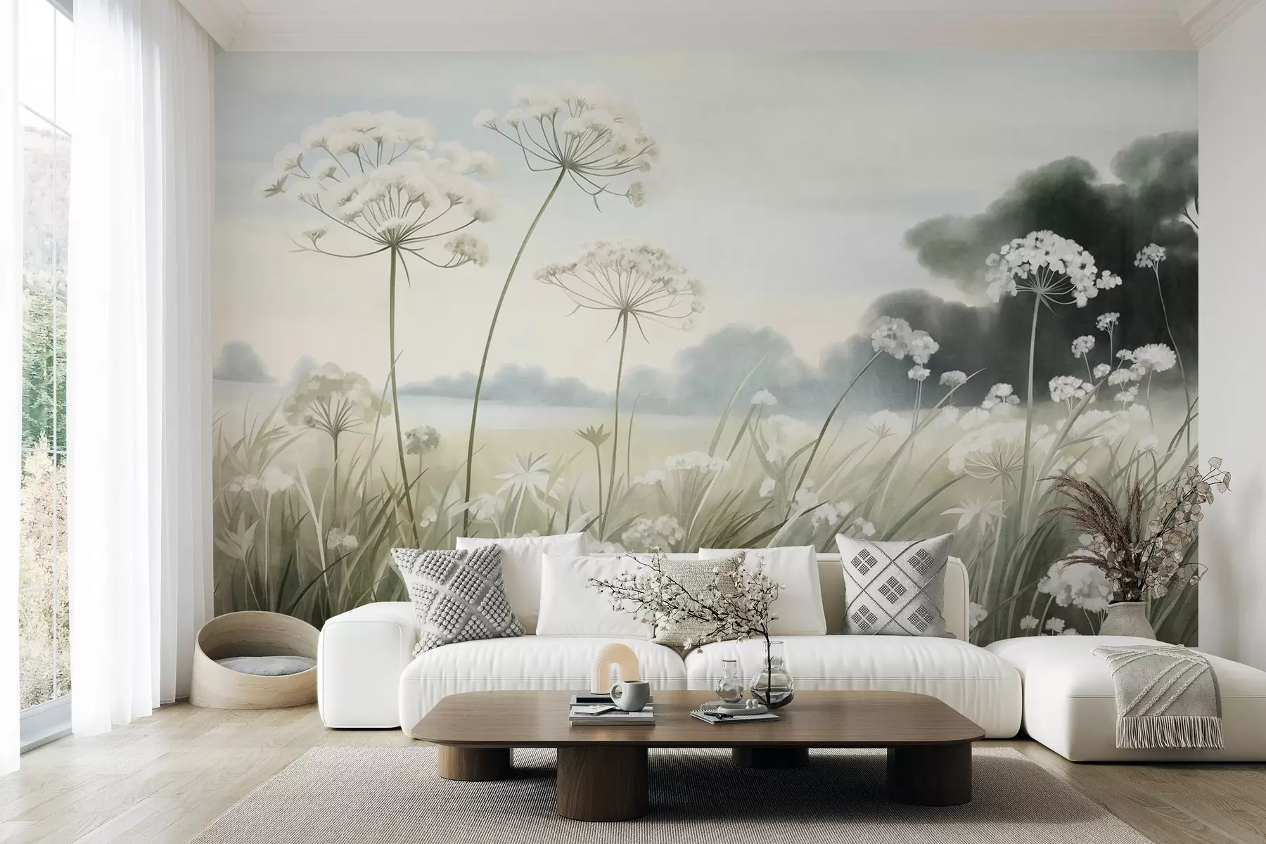 Papier peint photo Paysage avec des fleurs sauvages et de hautes herbes dans un champ, aux couleurs douces et à la texture marquée w10032