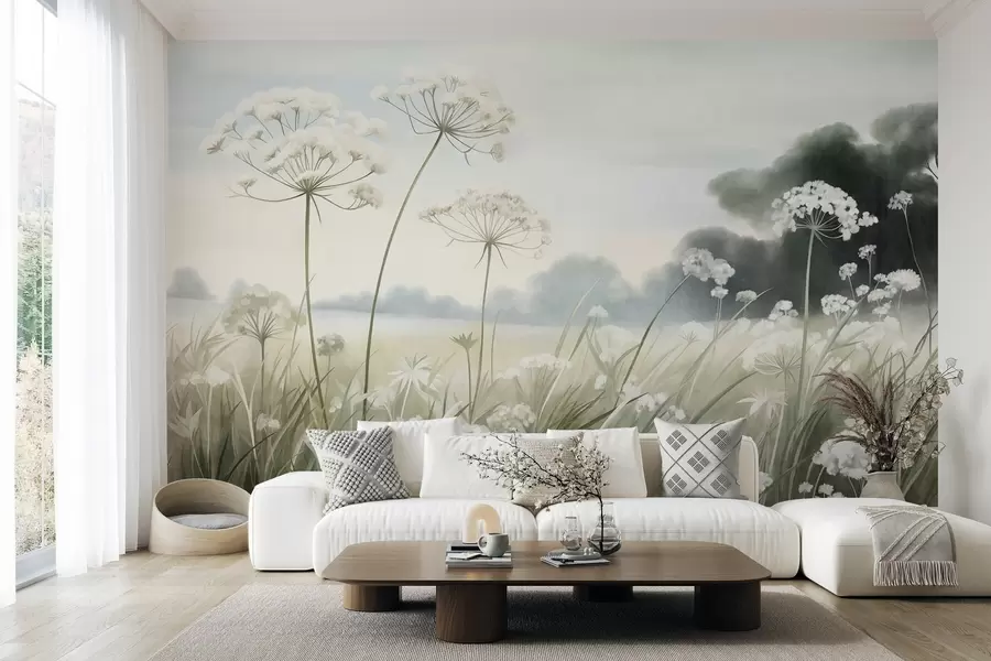 Fotobehang Landschap met wilde bloemen en hoog gras in een veld, ingetogen kleuren, met textuur w10032