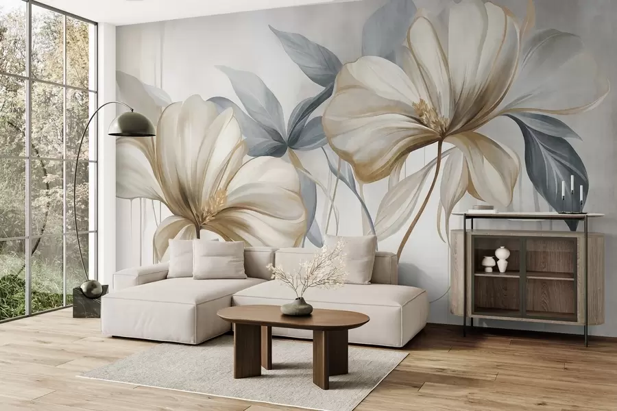 Fotobehang Abstracte, delicate bloemen met dunne, bruine stengels en bladeren in gedempte blauwtinten, met een gestructureerd uiterlijk w10058