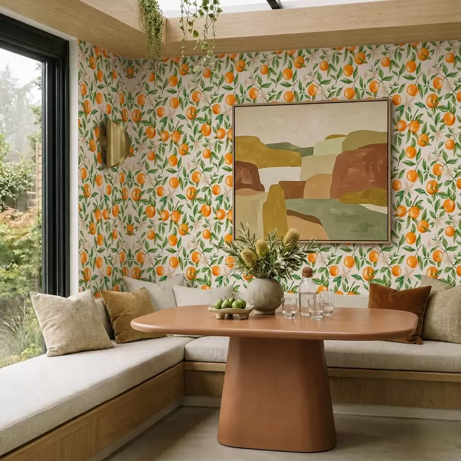 Fotobehang Sinaasappels, groene bladeren en witte bloemen op een lichte achtergrond a01262v1