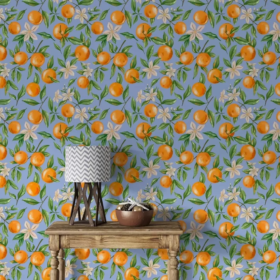Fotobehang Sinaasappels, groene bladeren en witte bloemen op een blauwe achtergrond a01262v2