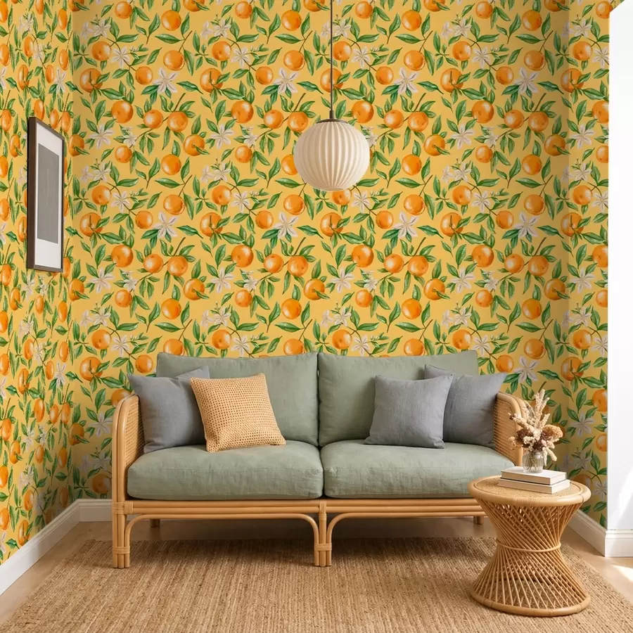 Fotobehang Sinaasappels, groene bladeren en witte bloemen op een gele achtergrond a01262v4