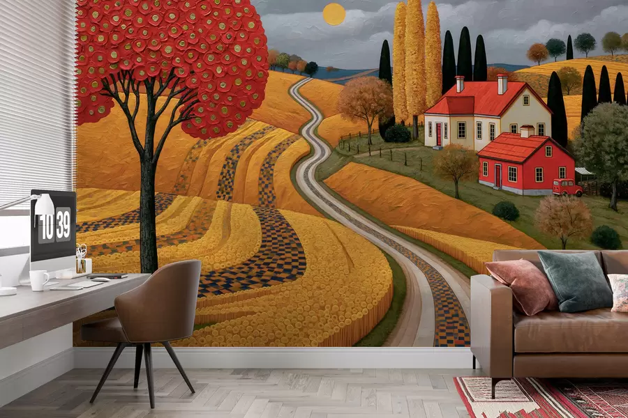Papier peint photo Représentation d'un paysage toscan pittoresque, peinte à l'huile, avec un arbre rouge, une route sinueuse et une ferme w10049