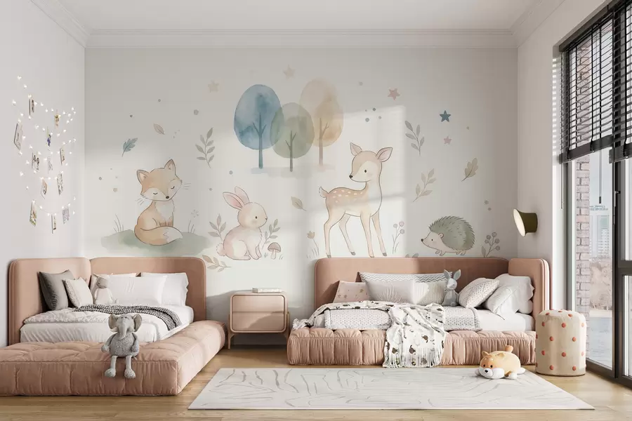 Fotobehang Bosdieren: vos, konijn, reekalfje, egel  in aquarelstijl w10068