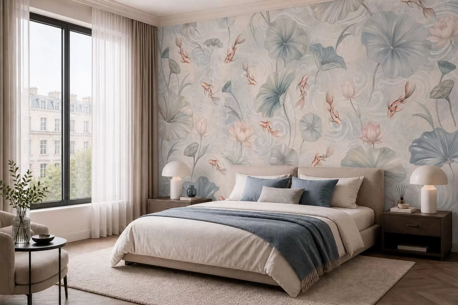 Fotobehang Koi-vissen tussen bladeren en roze bloemen op een lichte achtergrond w05807